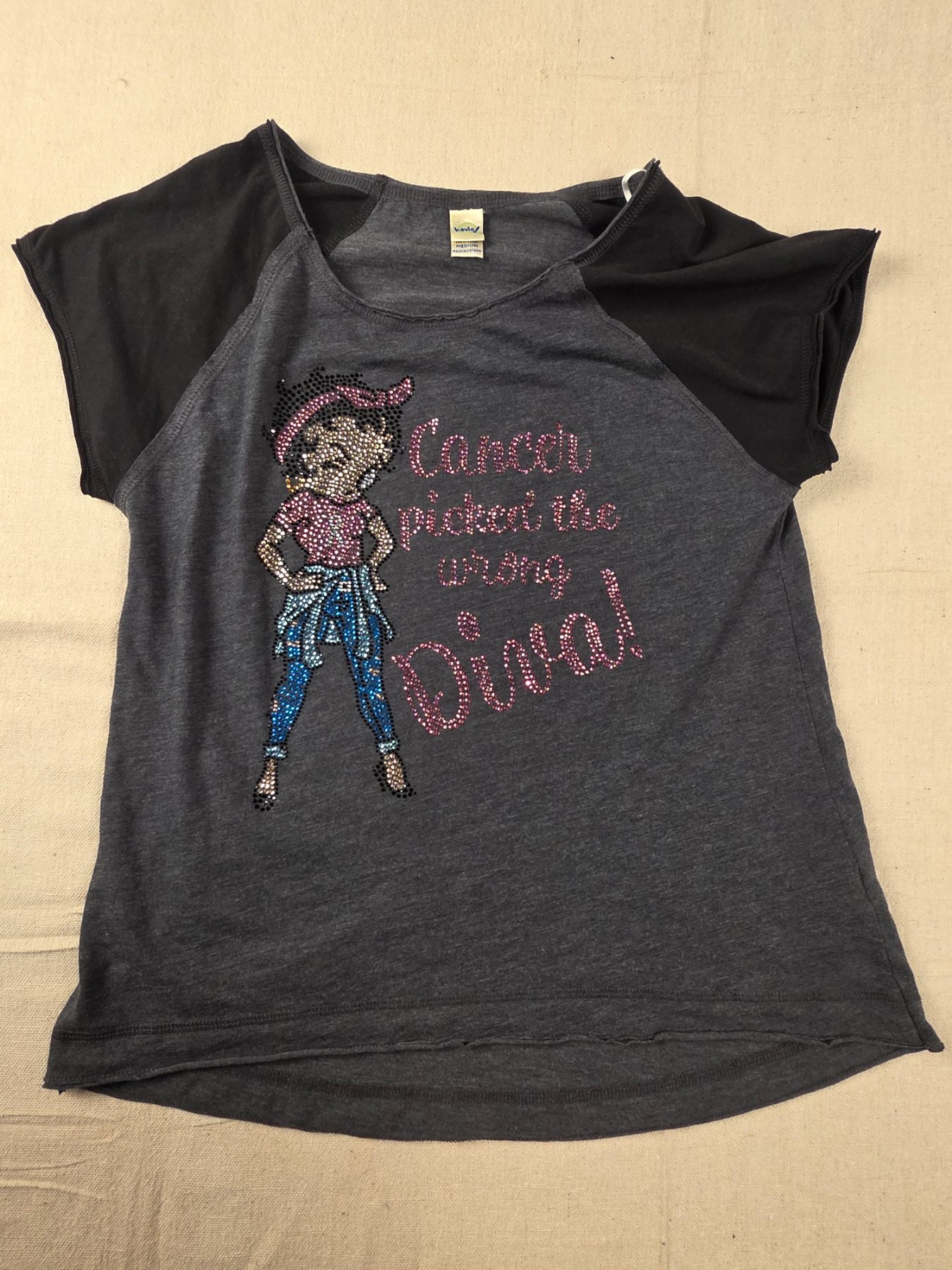 Kavio Cancer Picked The Wrong Diva Rhinestone Batwing Top Women's M Gray Black