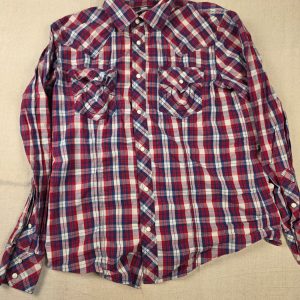 True Religion Mens XL Western Pearl Snap Shirt Red Blue Plaid Cotton