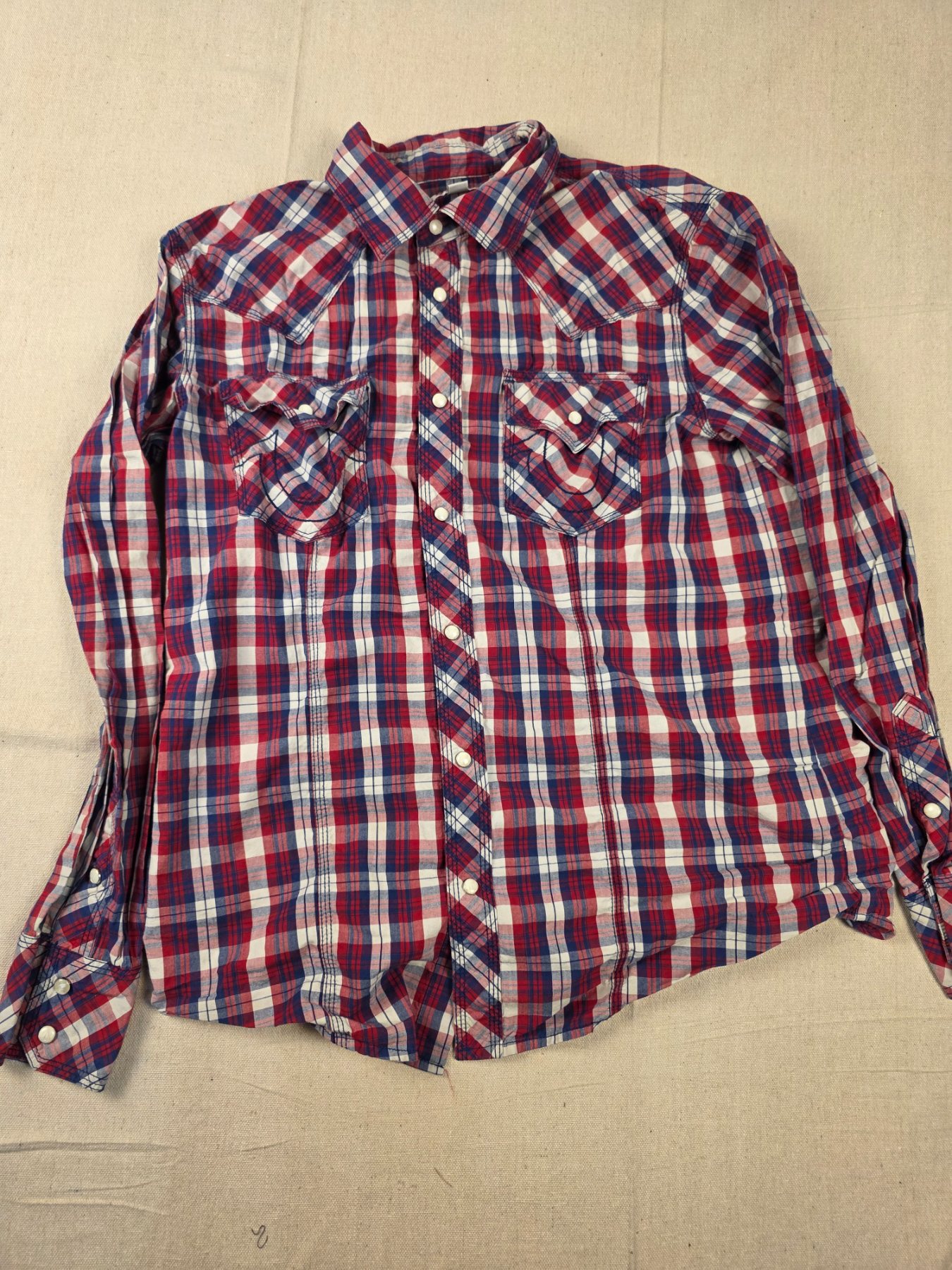 True Religion Mens XL Western Pearl Snap Shirt Red Blue Plaid Cotton