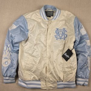 Brooklyn Cloth State of Mind Satin Varsity Bomber Jacket Unisex S Cream Blue