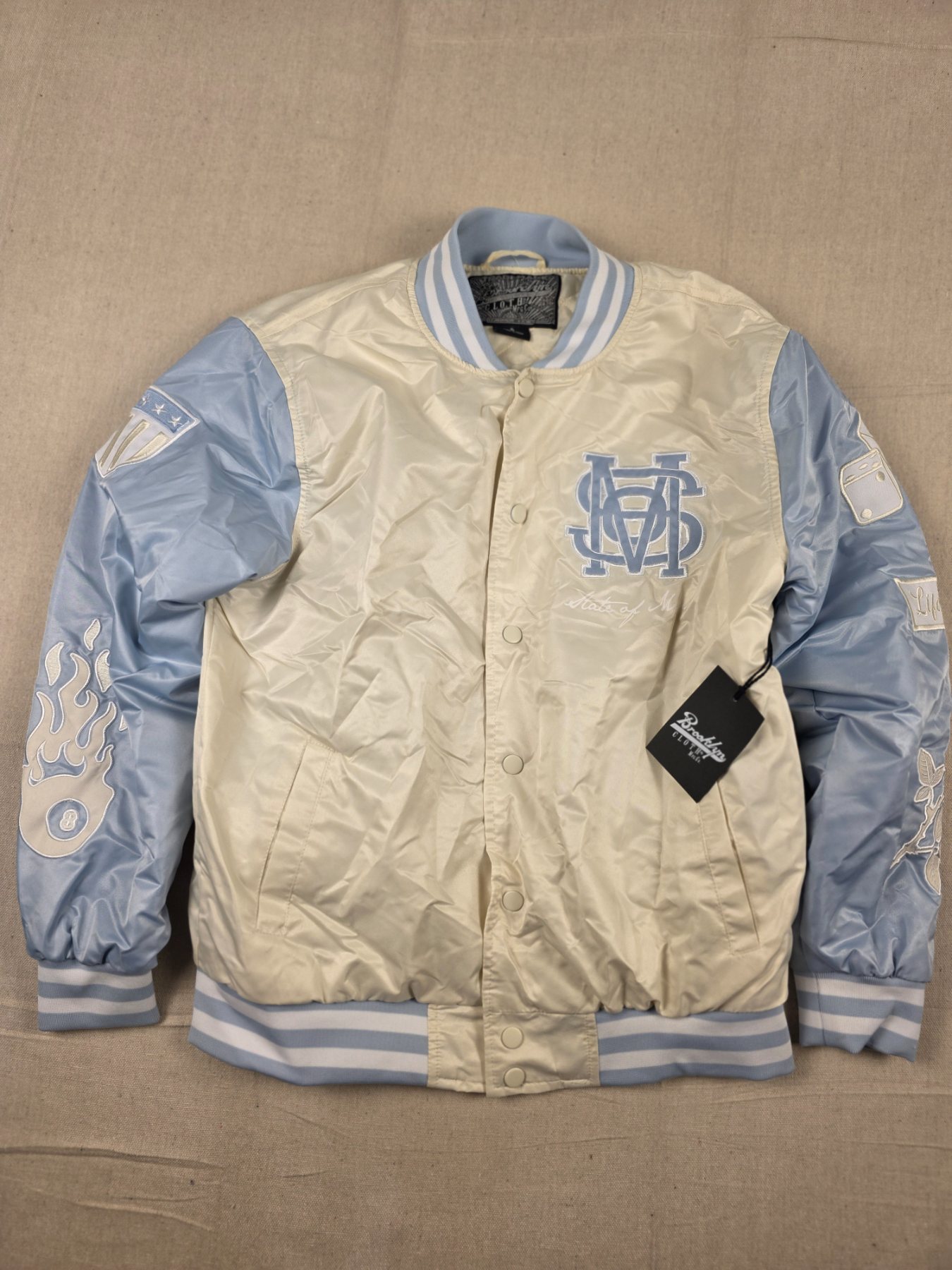 Brooklyn Cloth State of Mind Satin Varsity Bomber Jacket Unisex S Cream Blue