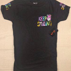 On Fire Keep Smiling Teddy Bear Graphic T-Shirt Women's M Black