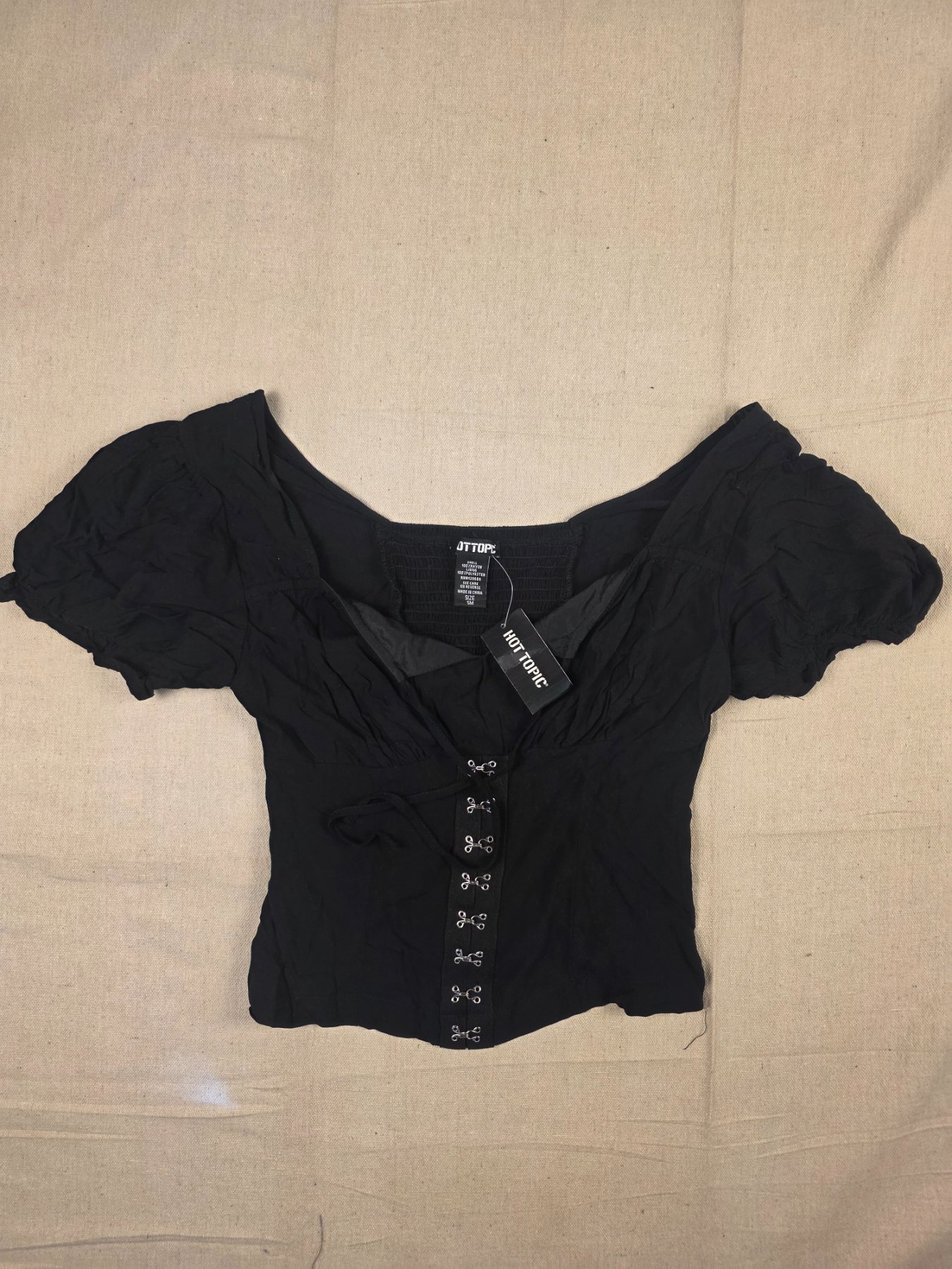 Hot Topic Corset Blouse Puff Sleeve Women's S/M Black Hook & Eye