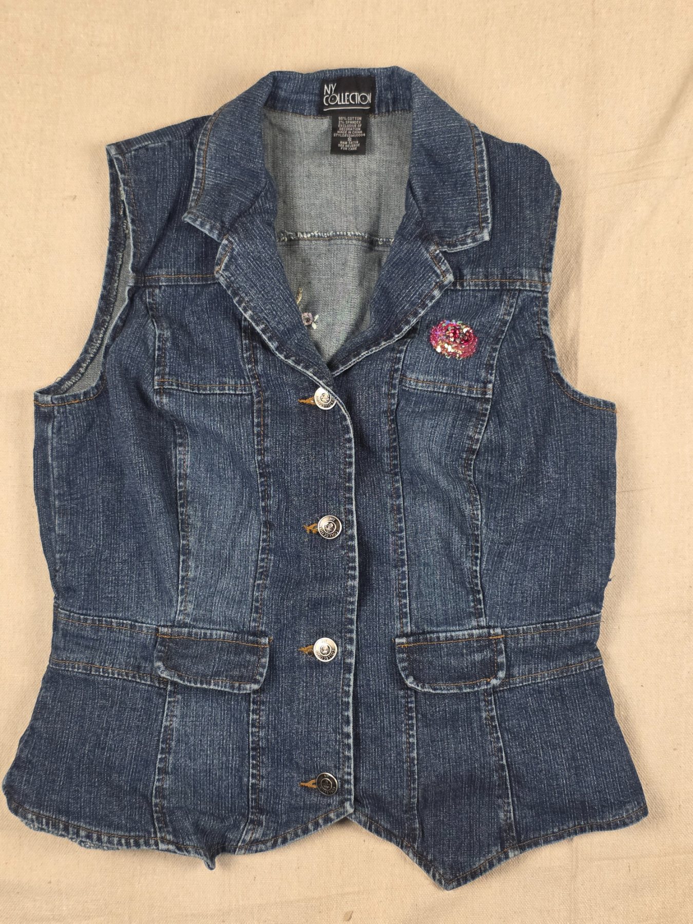 NY Collection Y2K Denim Vest Floral Embroidered Sequin Women's Small Blue