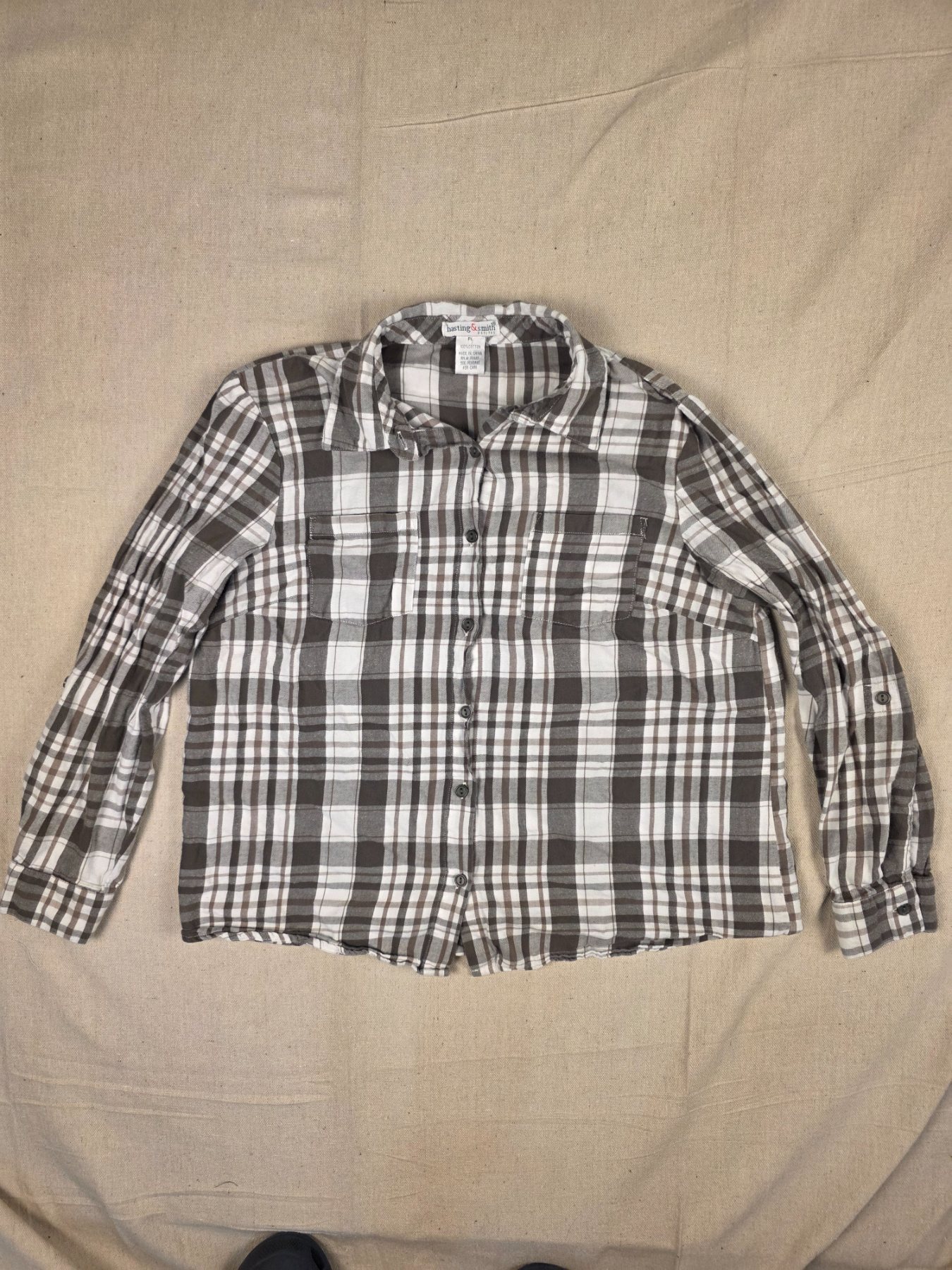 Hasting & Smith Petites Plaid Roll Tab Shirt Women's PL Brown Cotton