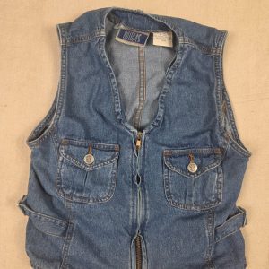 Vintage Bill Blass Denim Utility Vest Women's S Blue Zip Buckle Straps