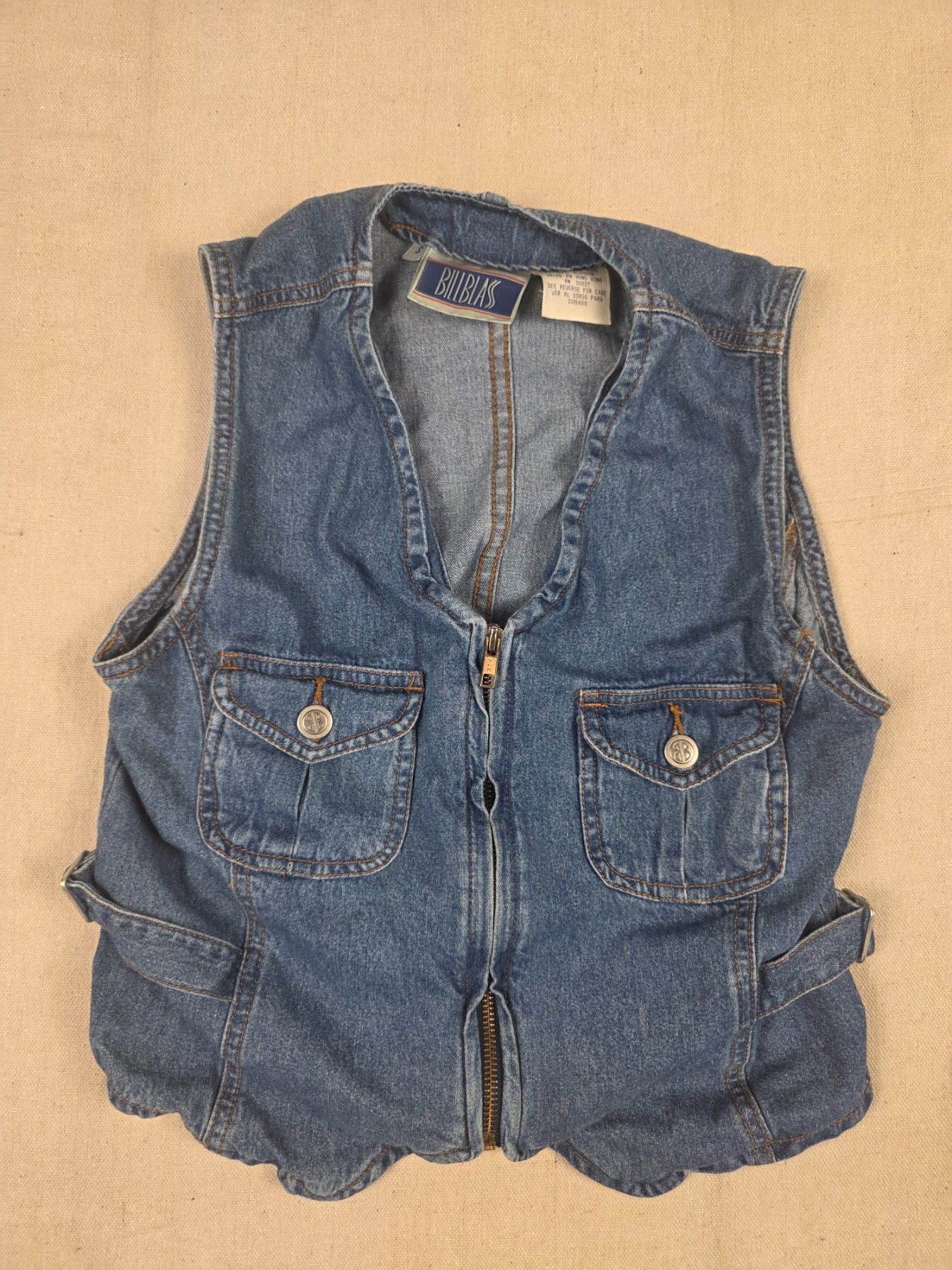 Vintage Bill Blass Denim Utility Vest Women's S Blue Zip Buckle Straps
