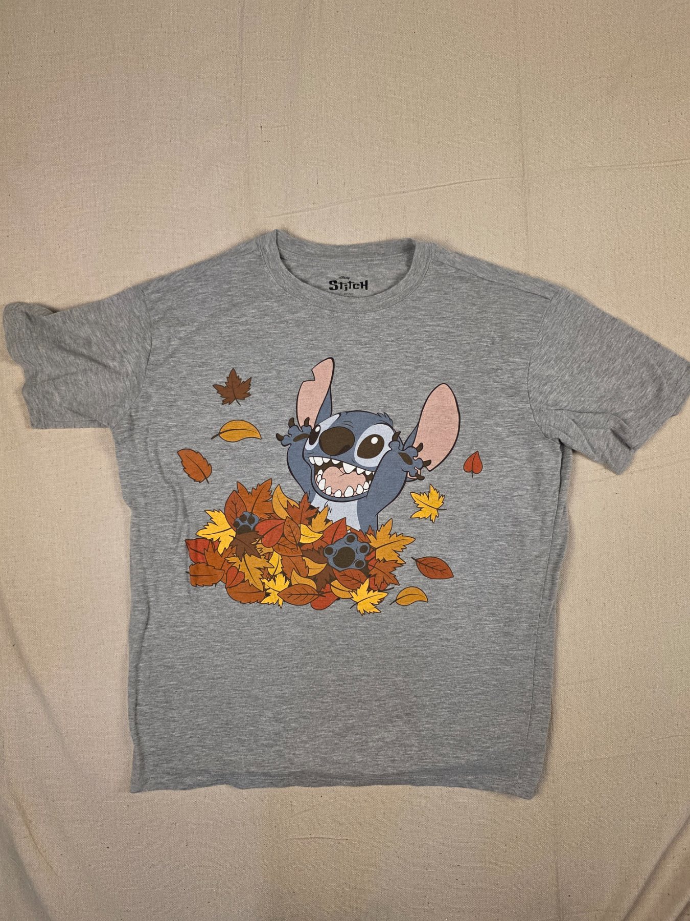 Disney Stitch Fall Leaves Graphic T-Shirt Youth M 8-10 Gray