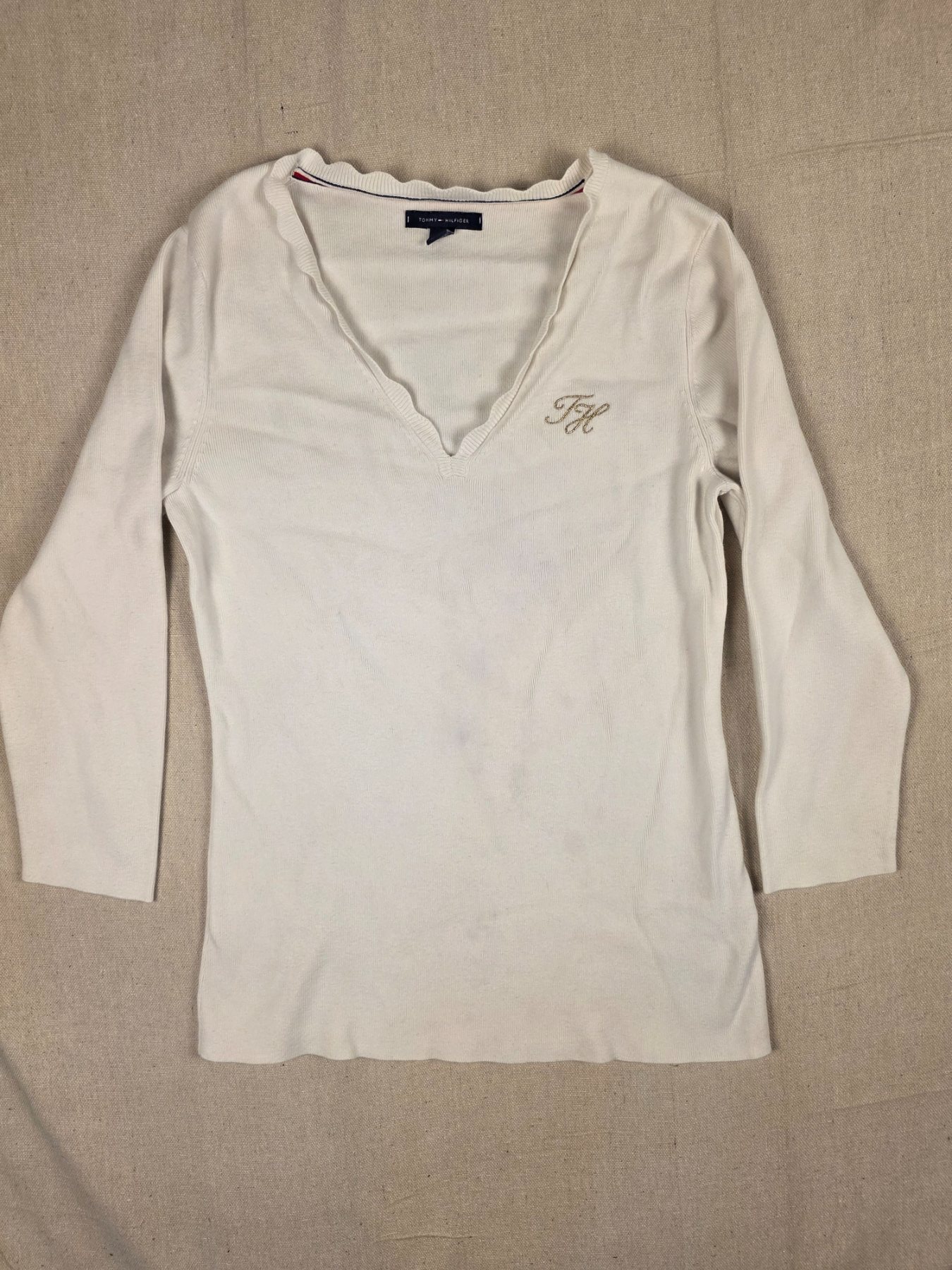Tommy Hilfiger Women's V-Neck Knit Top Long Sleeve M White