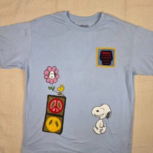 Peanuts Snoopy Woodstock Keep On Smiling Crochet Patch Juniors M Blue Tee