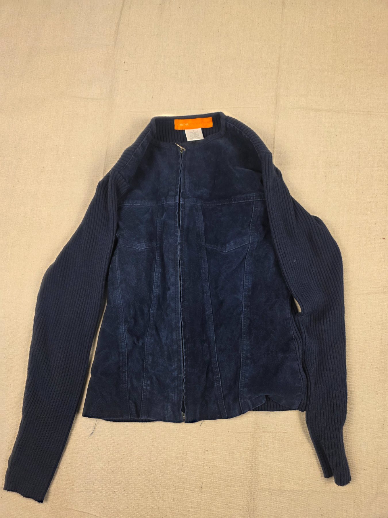 Cynthia Steffe Suede Front Knit Zip Jacket Women's S Navy Blue