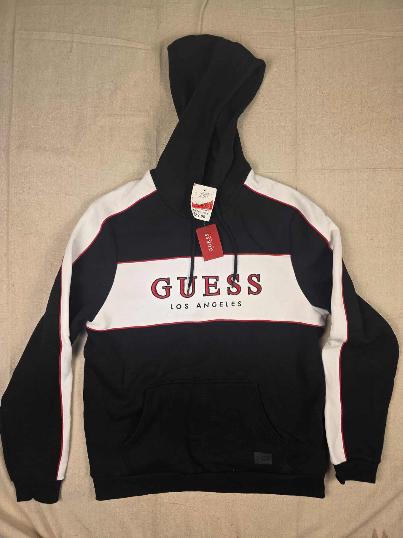 GUESS Los Angeles Colorblock Logo Hoodie Men's M Black White Red