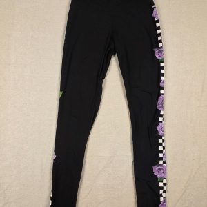 rue21 Women's M Black Purple Rose Checkered Side Stripe Leggings
