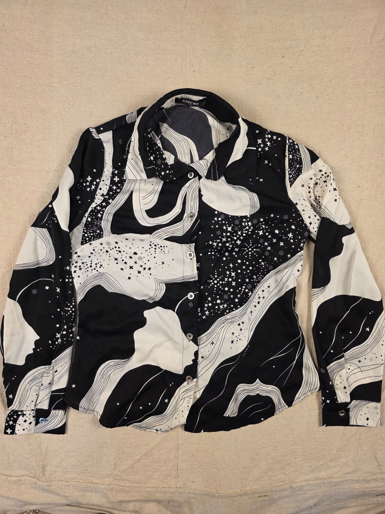 Chicme Women's Button Up Long Sleeve Shirt M Black White Star Print