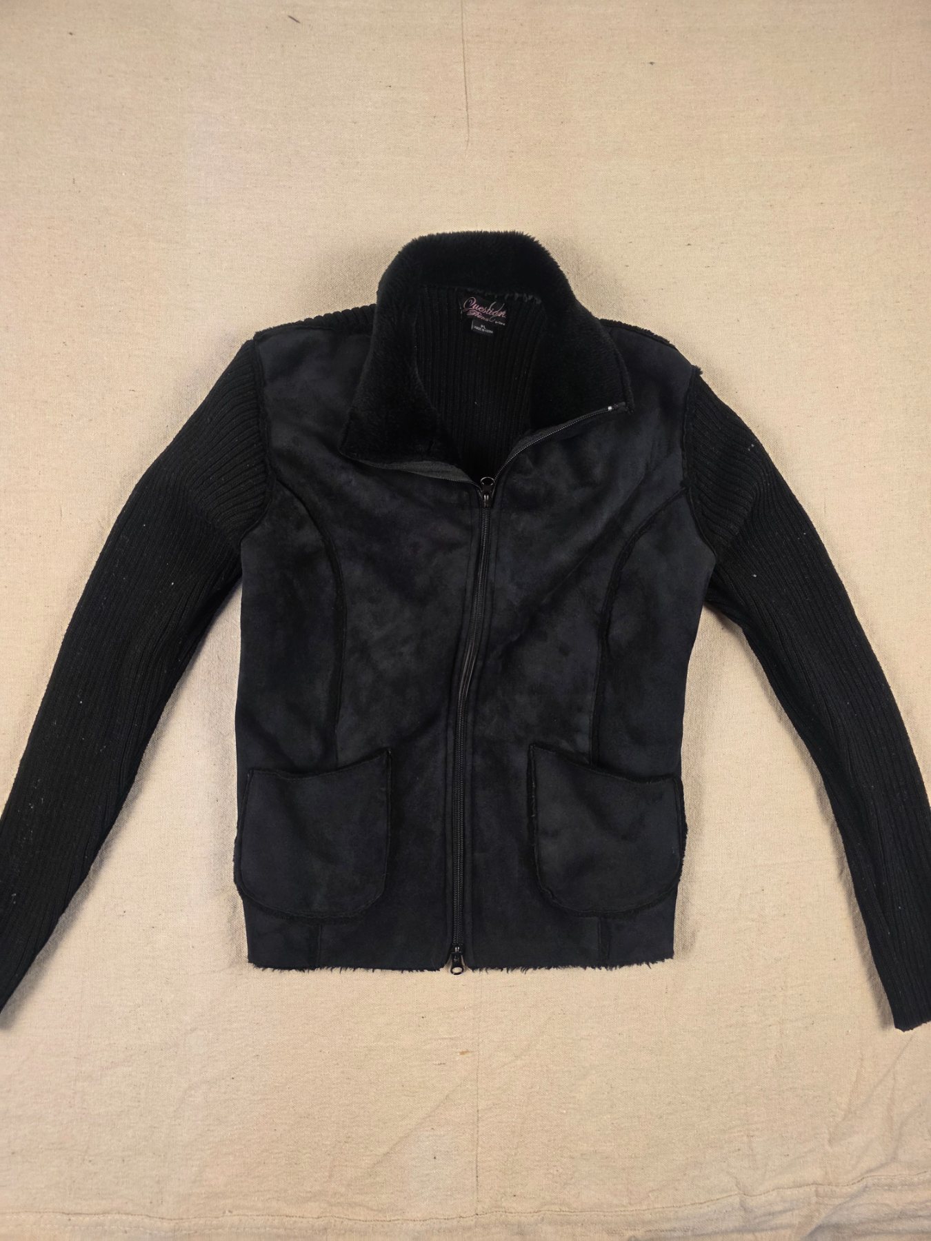 Questions Petites Faux Suede Knit Zip Jacket Women's PL Black