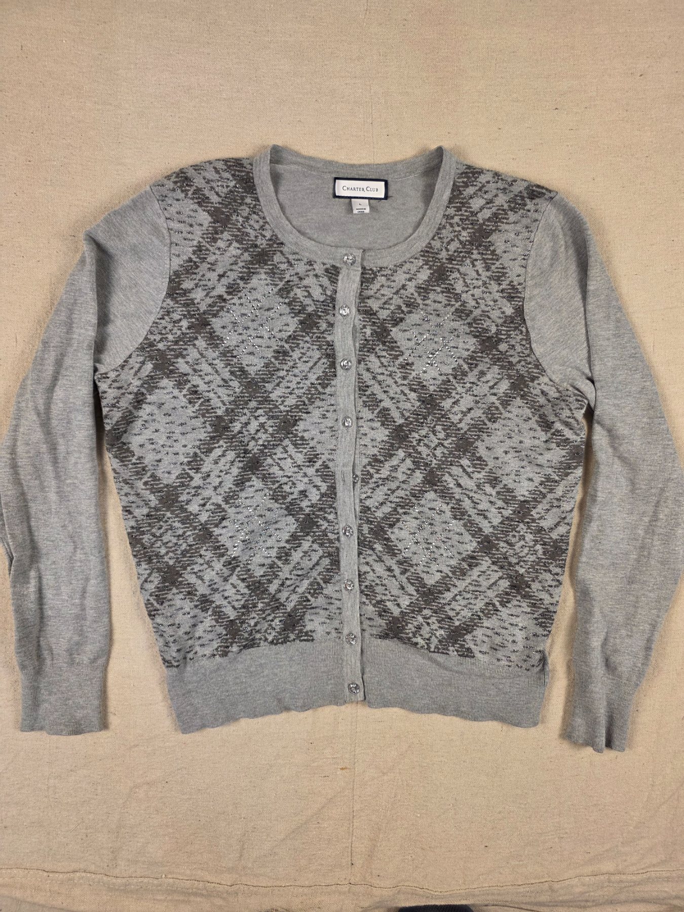 Charter Club Cardigan Metallic Pattern Women's Large Gray Button Front