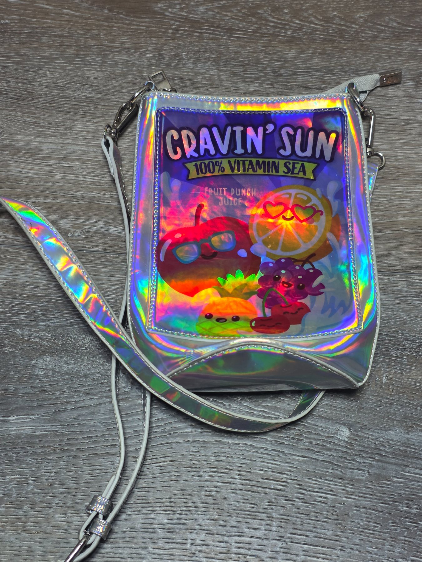Cravin' Sun Holographic Fruit Juice Crossbody Bag Silver 8.5 in