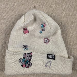 A-Lab Cream Knit Beanie Embroidered Puppy Floral One Size