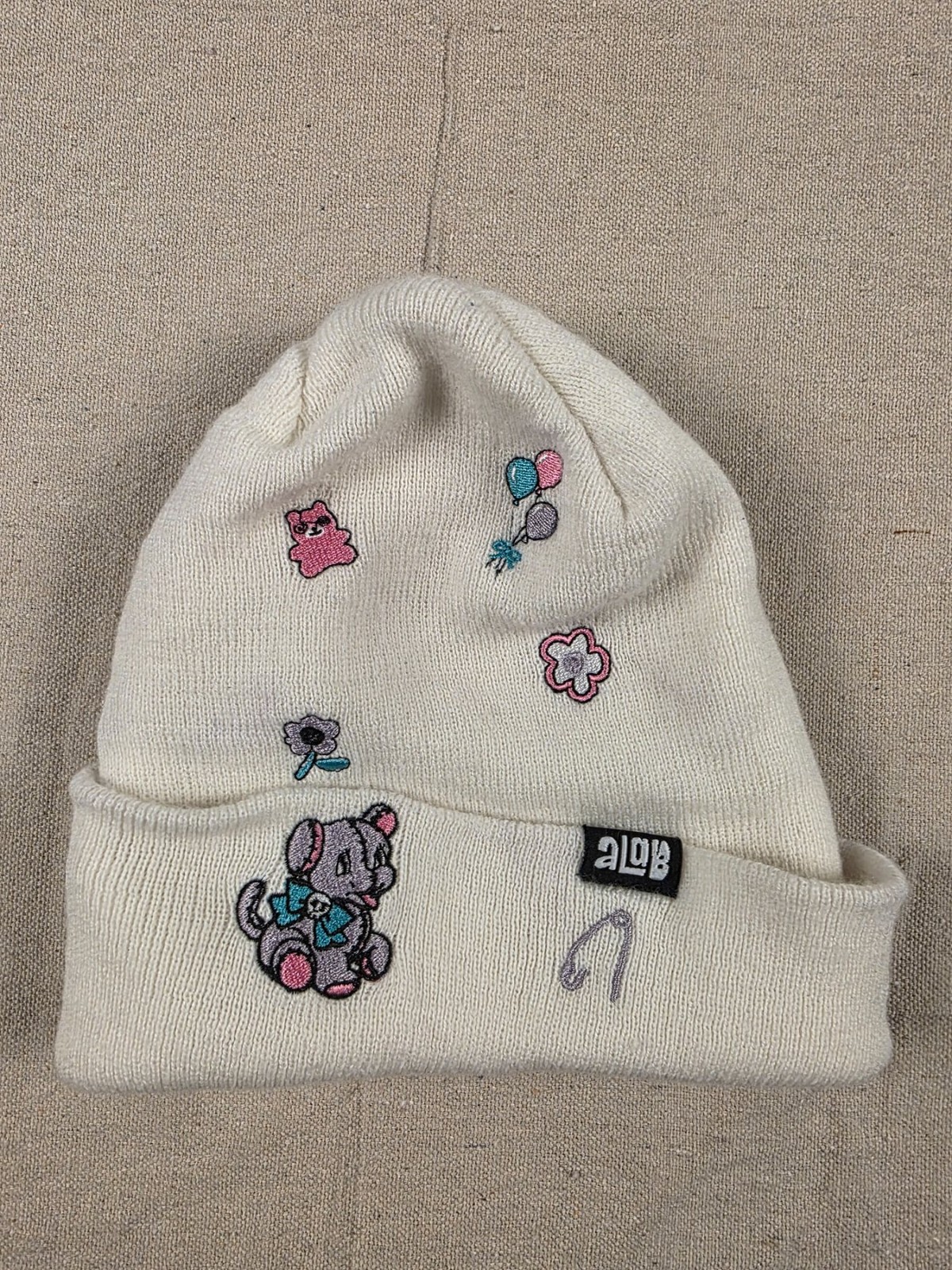 A-Lab Cream Knit Beanie Embroidered Puppy Floral One Size