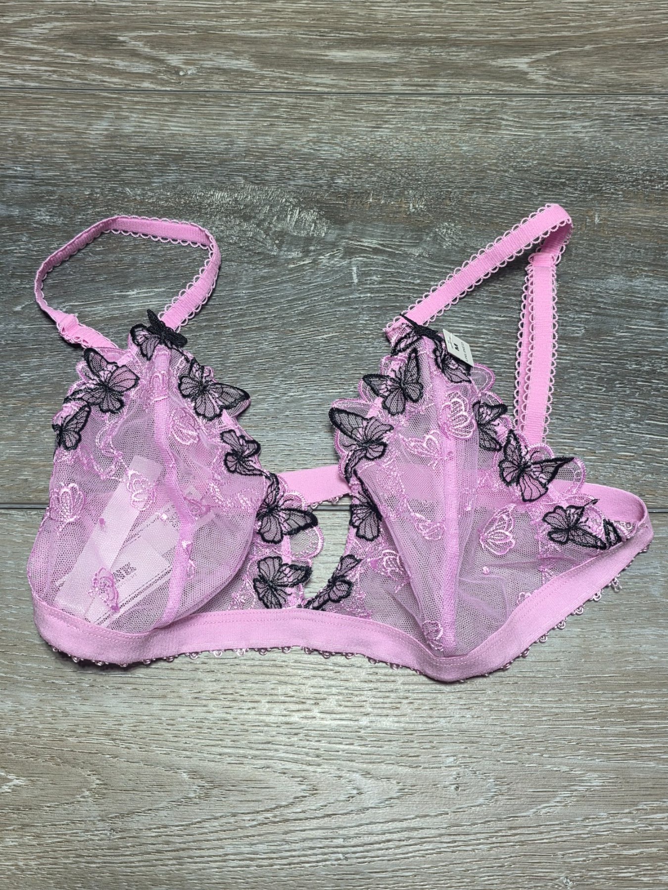 Victoria's Secret PINK Unlined Butterfly Embroidered Mesh Bra M Pink Black