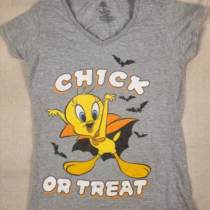 Looney Tunes Tweety Bird Chick or Treat Halloween V-Neck T-Shirt Women M Gray