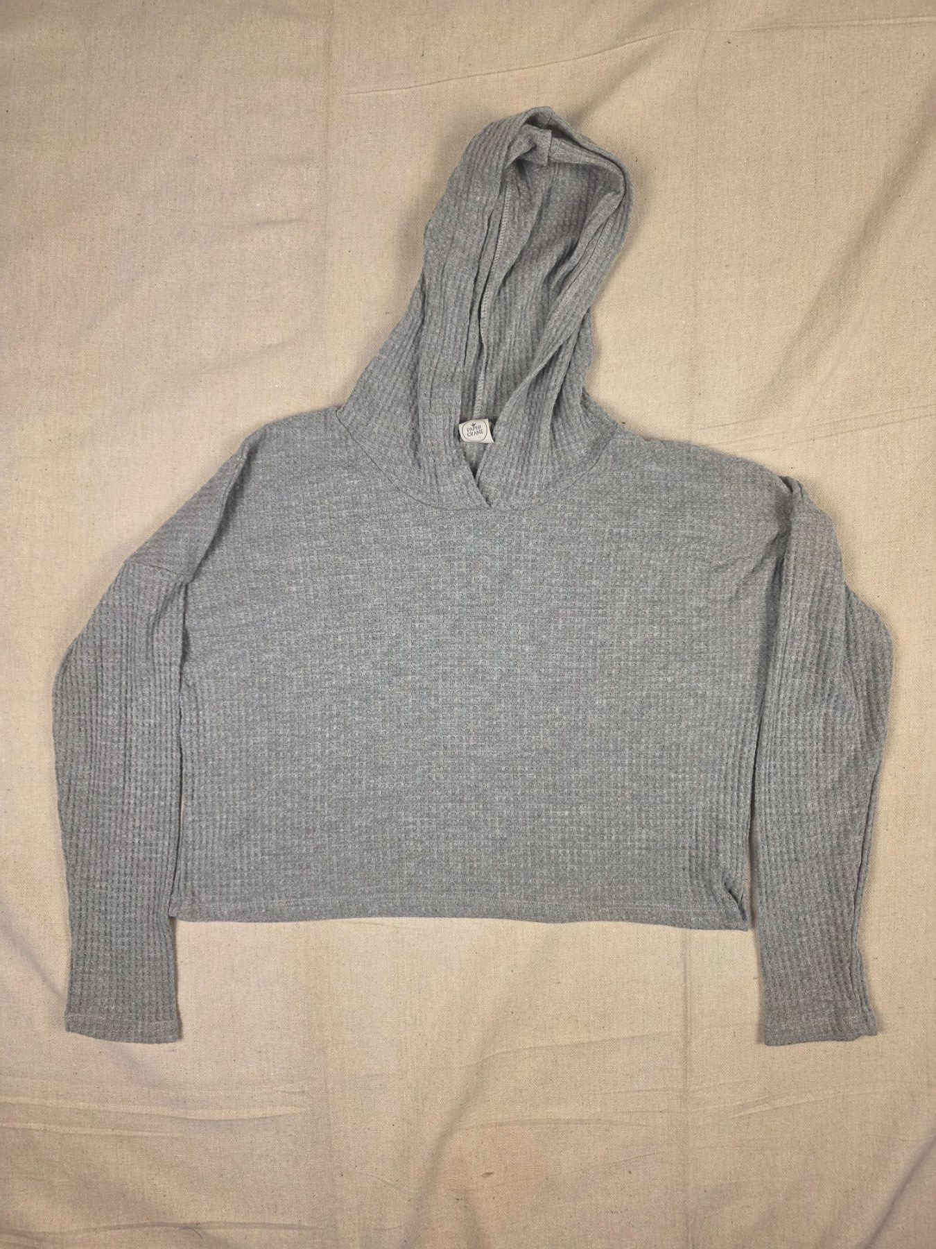 Paper Crane Cropped Waffle Knit Hoodie Women's Medium Gray