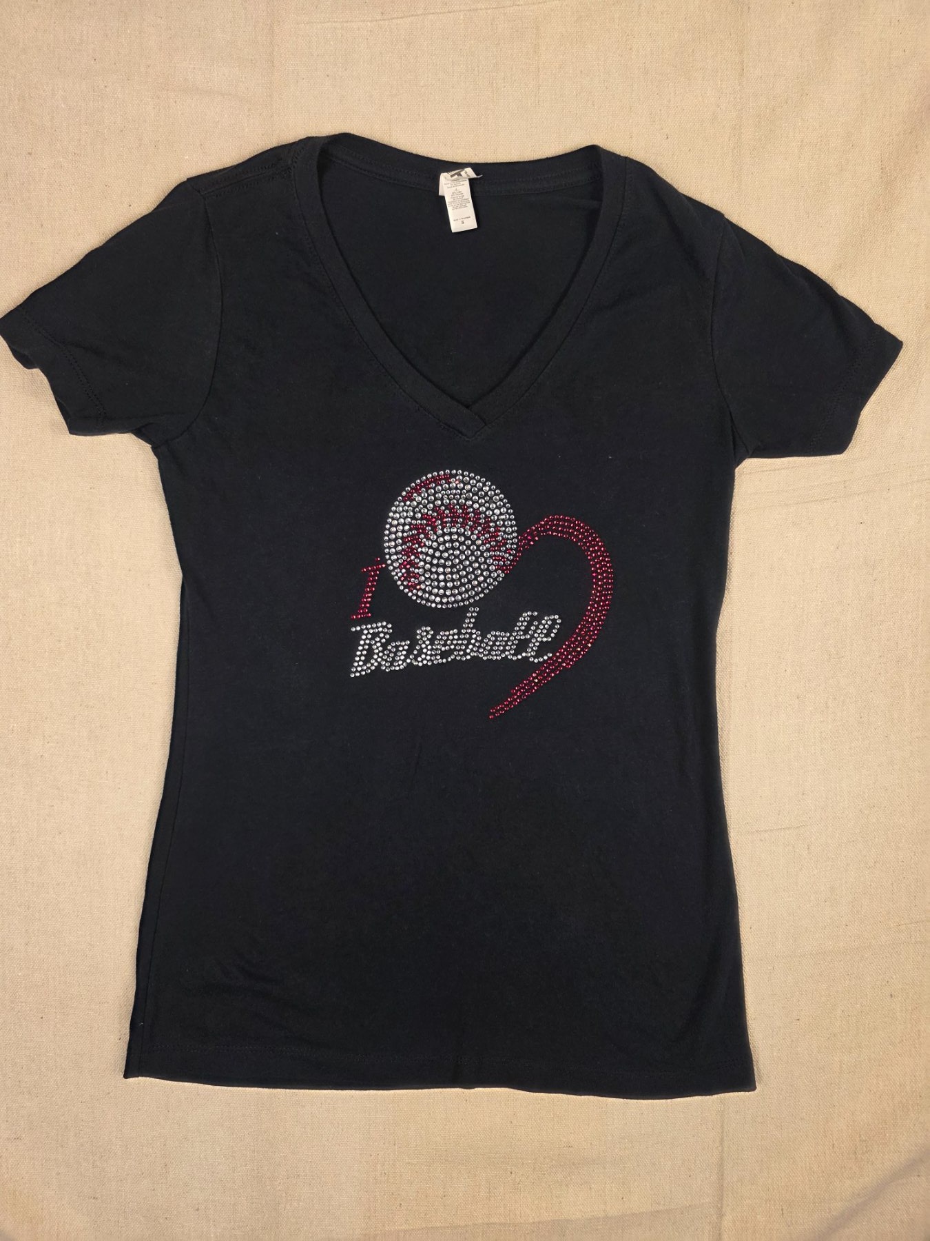 Ideal T Baseball Rhinestone V-Neck Women's Small Black Graphic T-Shirt