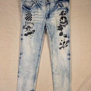 Reason New York Skull Floral Graphic Skinny Jeans Men's 30 Light Wash